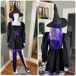 Halloween Black Purple Witch Costume Dress Hat Tights Gothic Lolita Dirndl XL